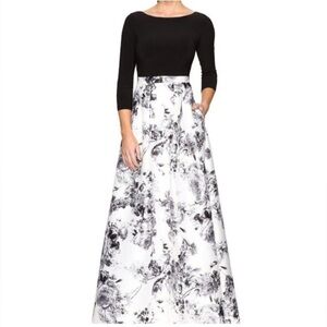 Adrianna Papell Black & White Floral Full Skirt Mikado Gown, Size 4
